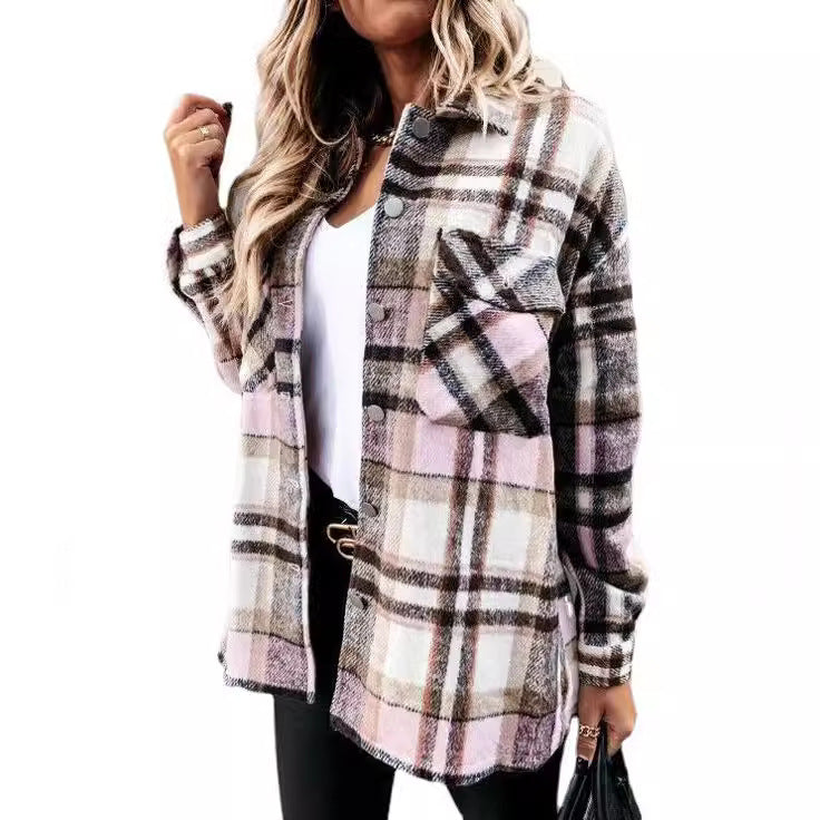 Women casual check blouse with decorative buttons and patch pockets Ivyshape