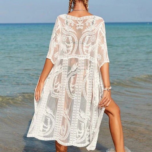 Ladies Transparent Beach Tunic with Artistic Embroidery and Flowy Cut Ivyshape