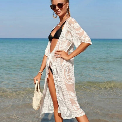 Ladies Transparent Beach Tunic with Artistic Embroidery and Flowy Cut Ivyshape