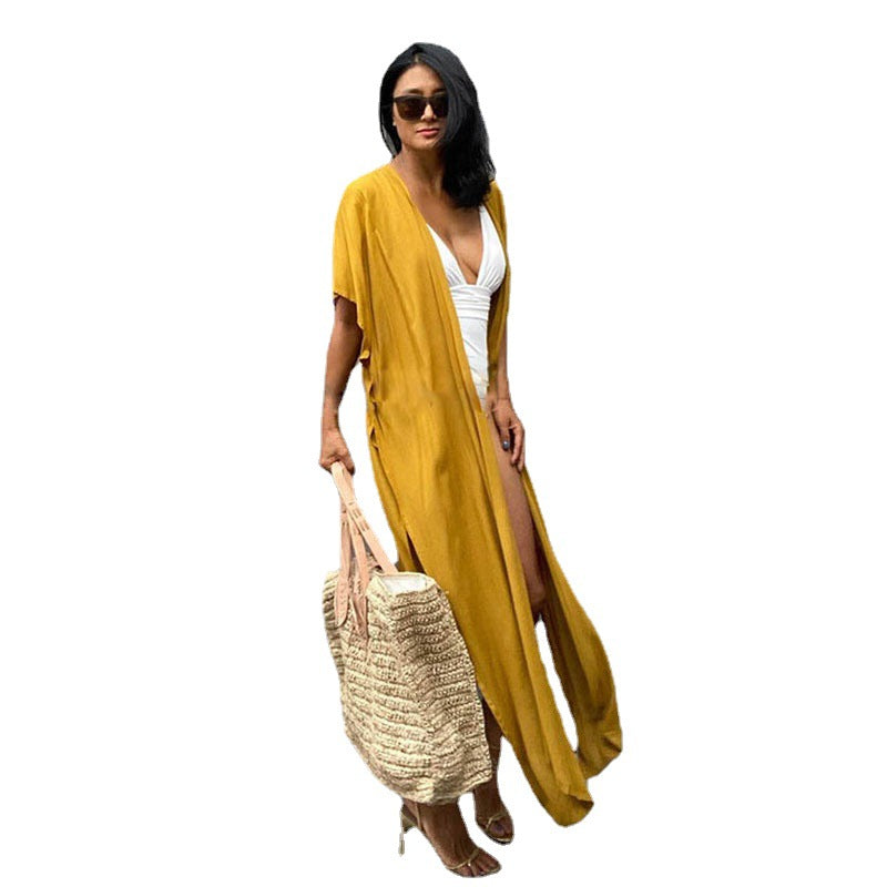 Women's Long Beach Cover-Up with Elegant V-Neck and Loose Fit Ivyshape