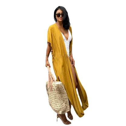 Women's Long Beach Cover-Up with Elegant V-Neck and Loose Fit Ivyshape