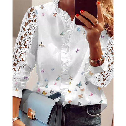 Ladies elegant blouse with lace sleeves and butterfly detail Ivyshape