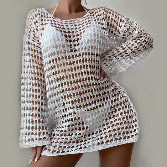 Ladies Crochet Beach Tunic with Transparent Design and Long Sleeve Ivyshape