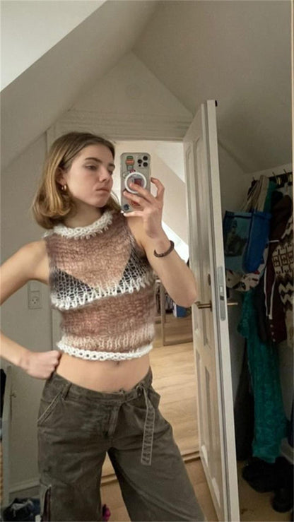 Ladies transparent crochet top with high collar and trendy details Ivyshape