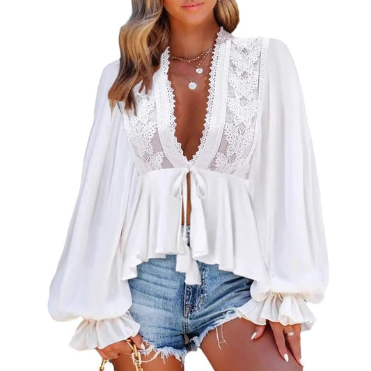 Women Bohemian Lace Trim Blouse Ivyshape