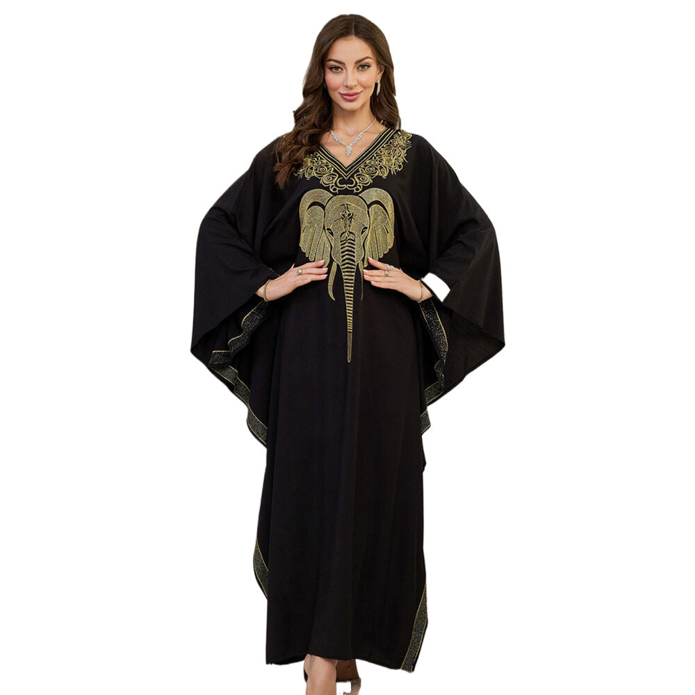 Women's Elegant Kaftan with Intricate Elephant Embroidery and Wide-Swinging Sleeves Ivyshape