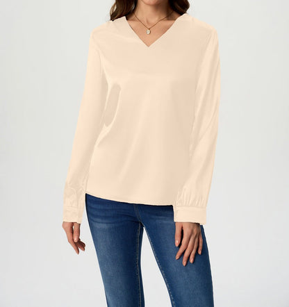 Ladies elegant V-neck satin top with long sleeves Ivyshape