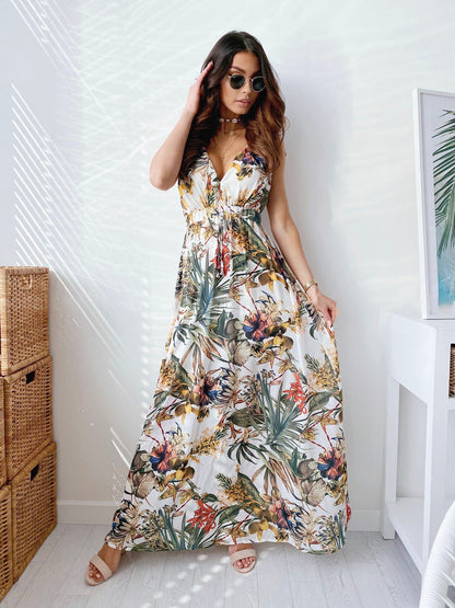 Ladies maxi dress with deep V-neck and sophisticated tie belt Ivyshape