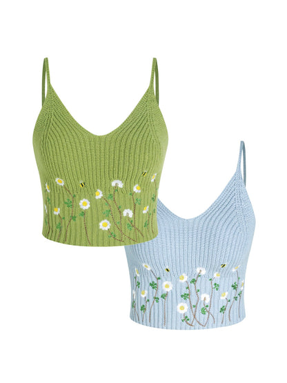 Women playful knitted crop top with floral embroidery Ivyshape