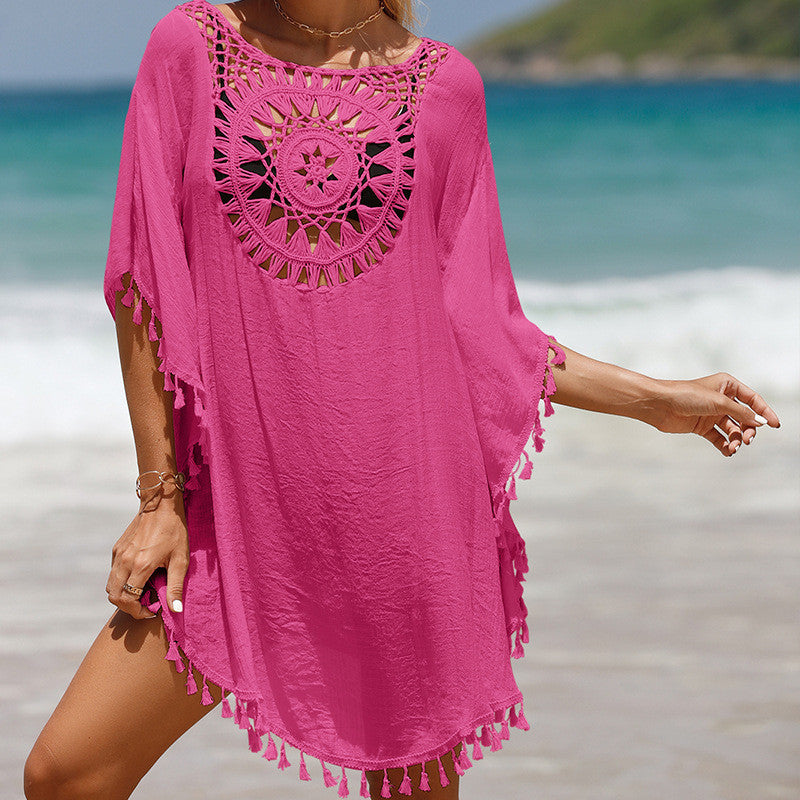 Women's Crochet Beach Cover-Up with Decorative Round Stitch Design and Fashionable Fringes Ivyshape