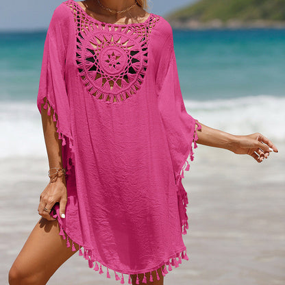 Women's Crochet Beach Cover-Up with Decorative Round Stitch Design and Fashionable Fringes Ivyshape