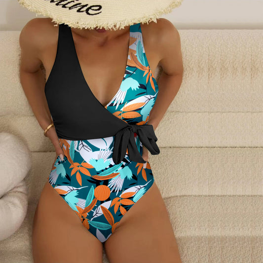 Women's one-piece swimsuit with wrap design and floral pattern play Ivyshape