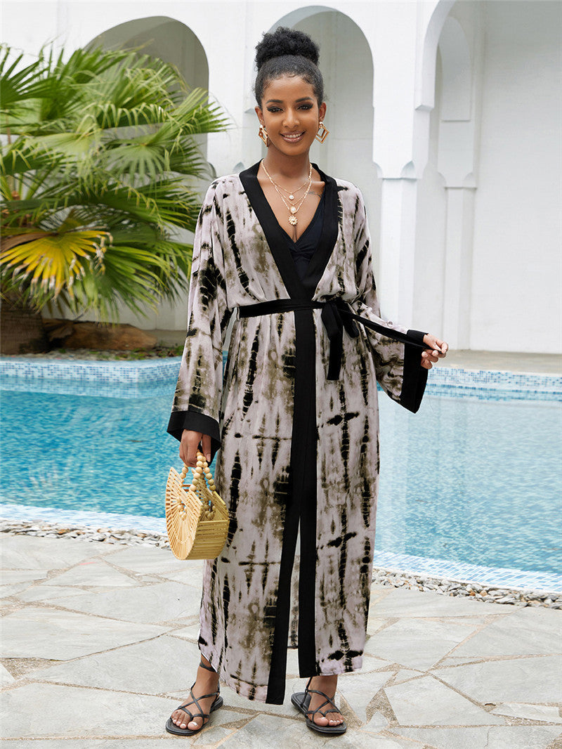 Women long-sleeved kimono with tieable belt Ivyshape