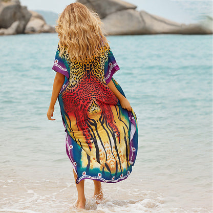 Women's beach cover-up with artistic animal pattern and elegant border Ivyshape