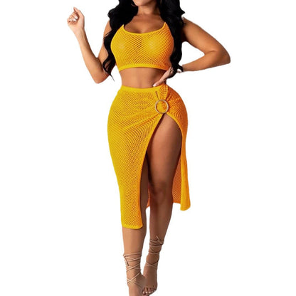 Ladies airy mesh fashion set with crop top and slit skirt Ivyshape