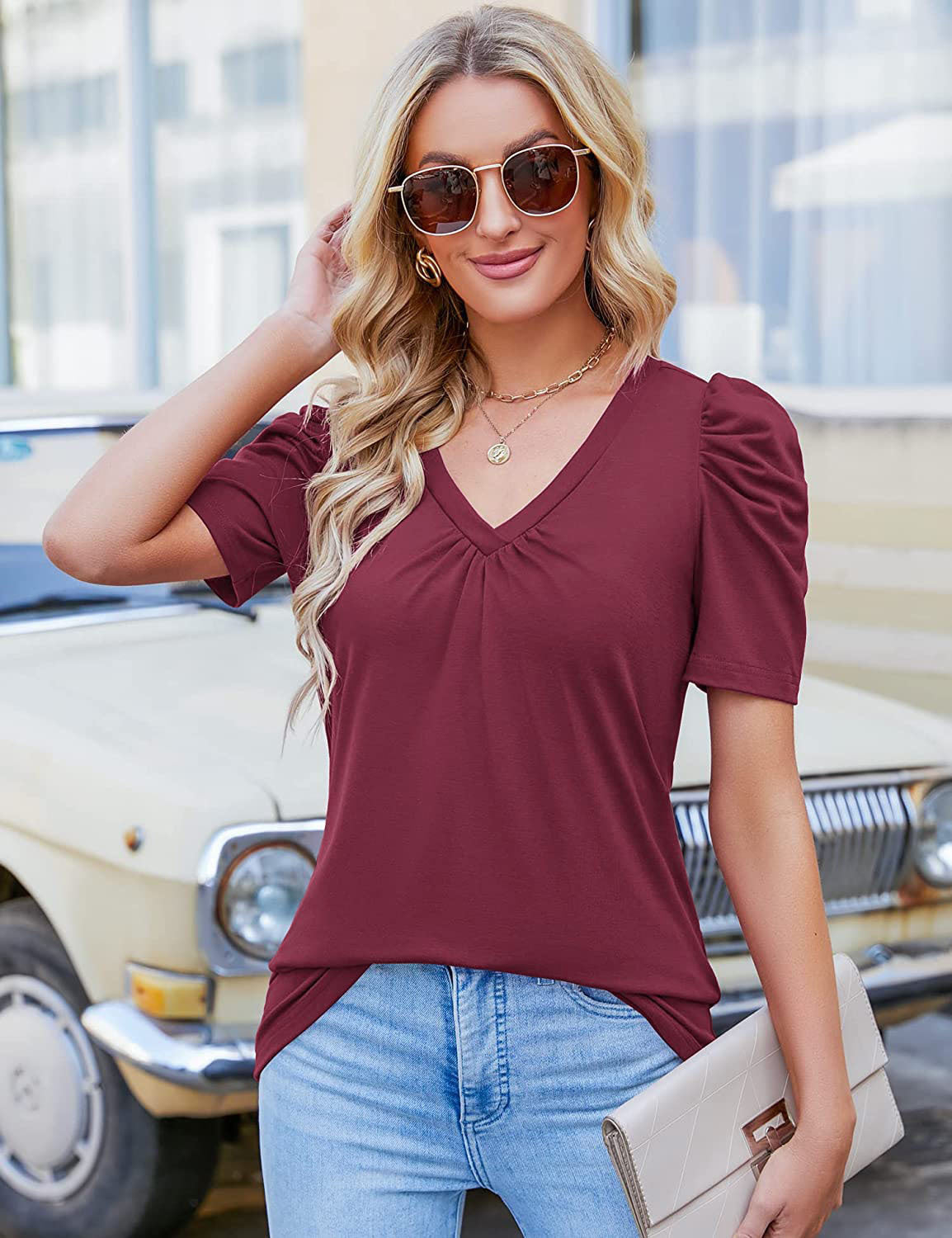 Ladies Elegant V-Neck Top with Puff Sleeves Ivyshape