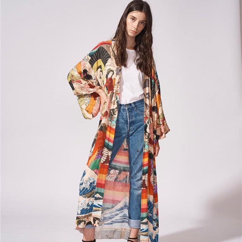 Women's Kimono-Style Beach Wrap with Artistic Pattern and Loose Fit Ivyshape