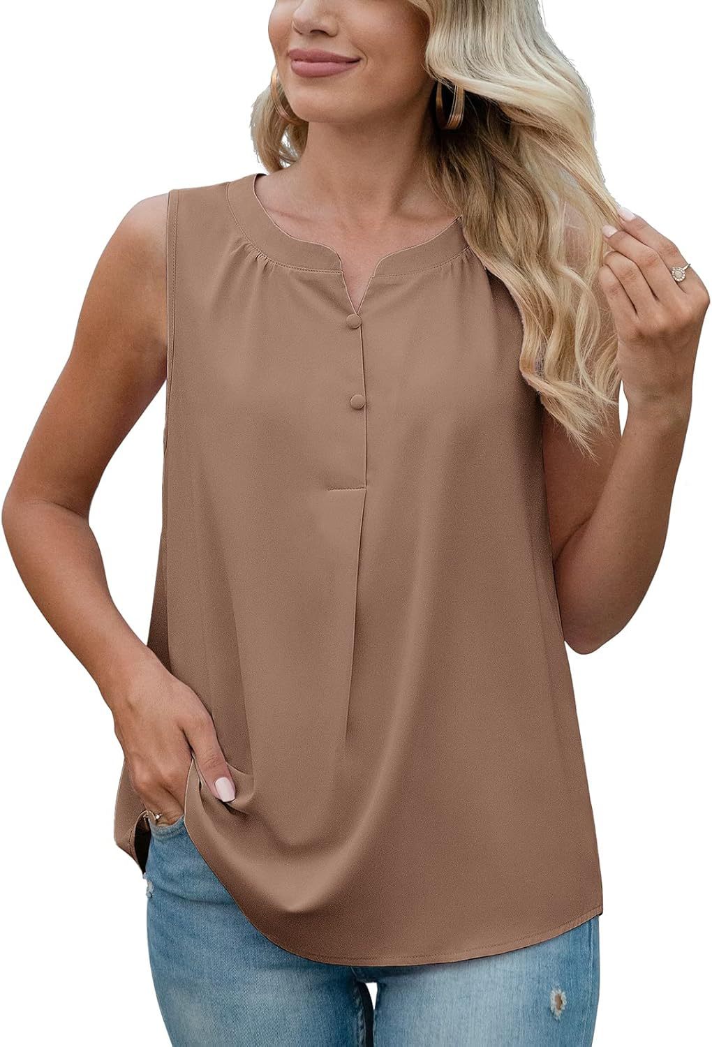 Women button closure sleeveless blouse Ivyshape