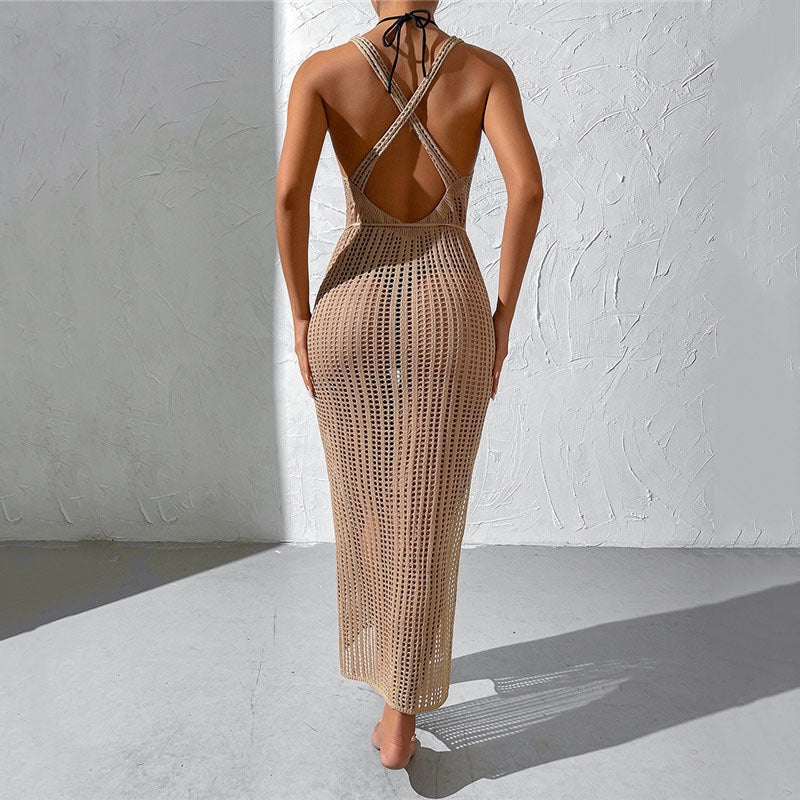 Ladies crochet stand-up dress with deep V-neck and side slits Ivyshape