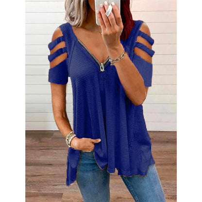 Women Cut-Out Shoulder Top with Zipper Detail Ivyshape