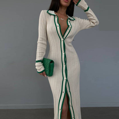 Women's knit maxi dress with contrast seams and button details Ivyshape