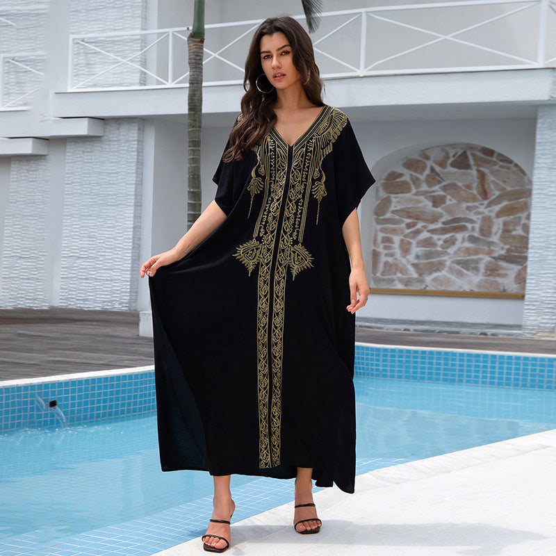 Ladies long beach robe with elaborate embroidery design Ivyshape