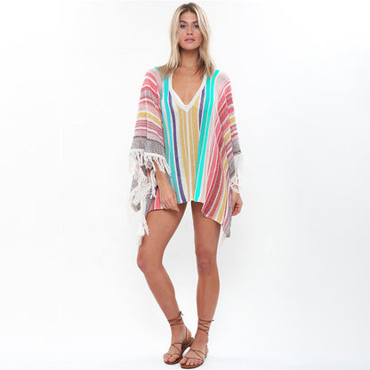 Women's Beach Poncho with Colorful Fringe Design Ivyshape