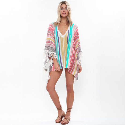 Women's Beach Poncho with Colorful Fringe Design Ivyshape