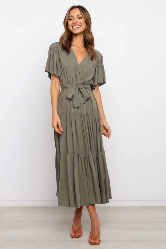 Women's Wrap Maxi Dress with Voluminous Sleeves and Ruffle Details Ivyshape