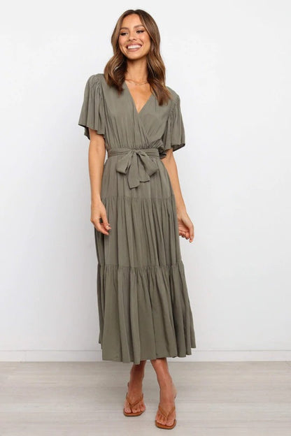 Women's Wrap Maxi Dress with Voluminous Sleeves and Ruffle Details Ivyshape