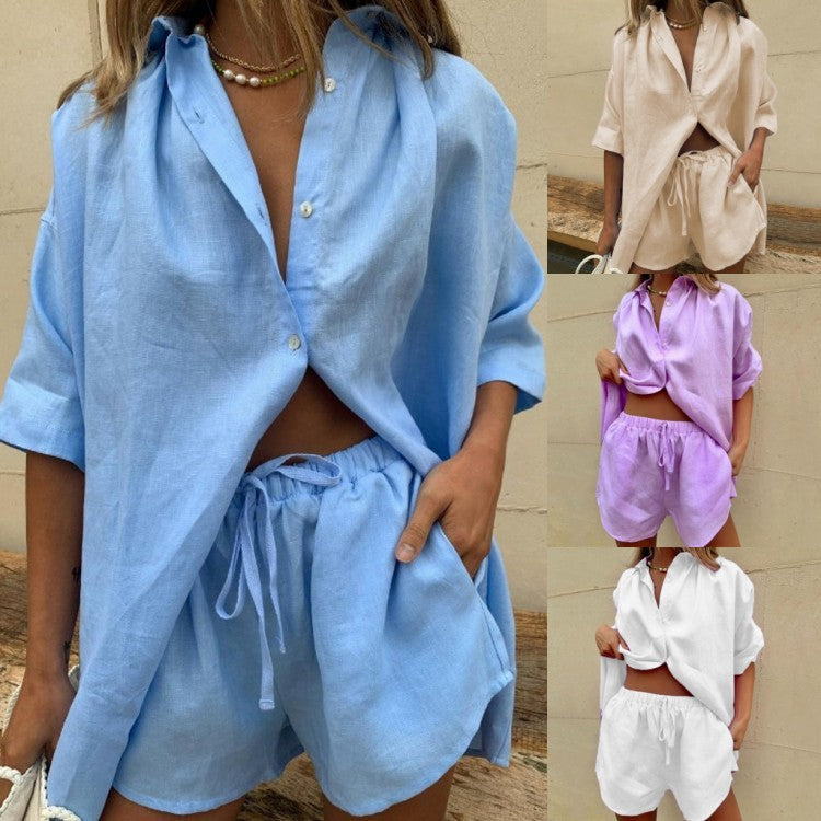 Women's Casual Linen Shirt with Shorts Ivyshape