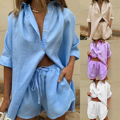 Women's Casual Linen Shirt with Shorts Ivyshape