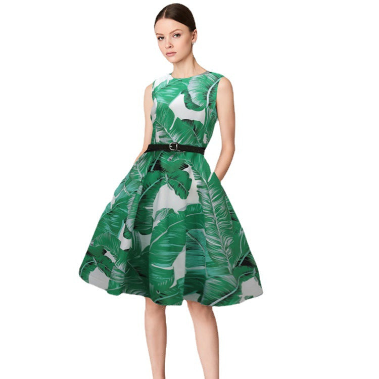 Women's Rockabilly Dress with Tropical Leaf Pattern Ivyshape