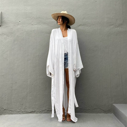 Ladies summer beach cover-up with flowing sleeves and side slit Ivyshape