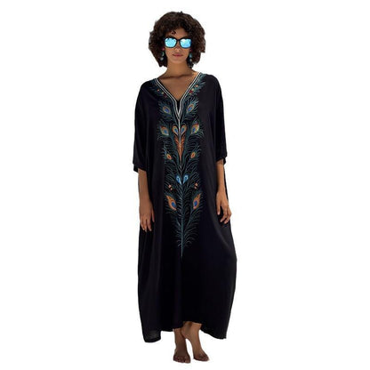 Ladies elegant kaftan robe with elaborate peacock motif Ivyshape