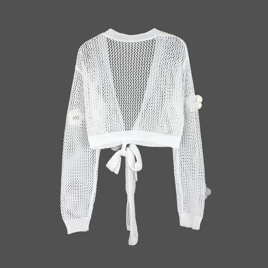 Ladies airy knitted cardigan with floral design and tied hem Ivyshape