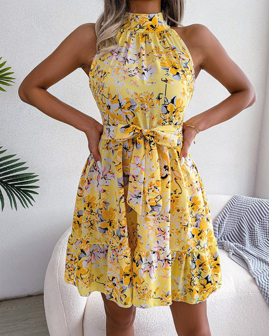 Ladies' festive floral dress with high-neck design and elegant hem Ivyshape