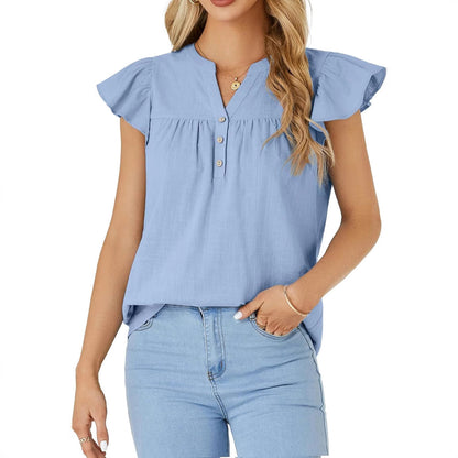 Women Lightweight Button-Front Flutter Sleeve Top Ivyshape