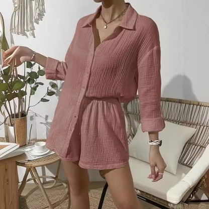 Women's Casual Short Jumpsuit with Shirt Collar and Rolled Sleeves Ivyshape