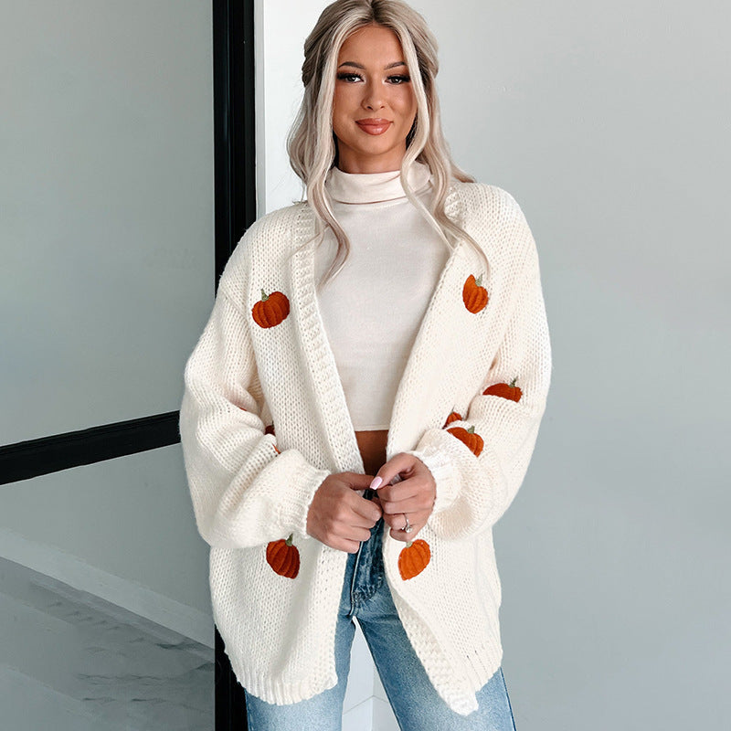 Women's cardigan with colorful pumpkin design and casual fit Ivyshape