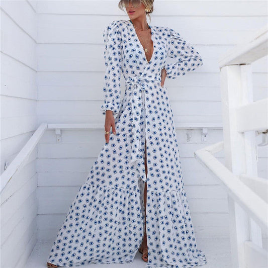 Women's maxi dress with floral wrap design and puff sleeves Ivyshape