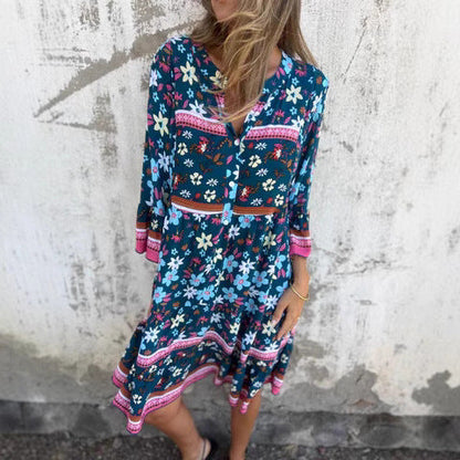 Ladies Floral Print Button Closure Mini Dress Ivyshape