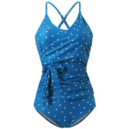 Women's wrap swimsuit with trendy polka dot design and shaping band Ivyshape