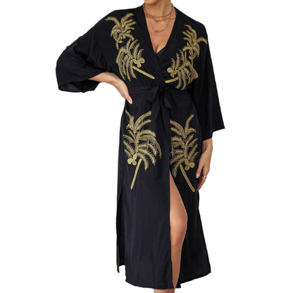 Women's longer Kaftan with intricate palm embroidery and tie belt Ivyshape