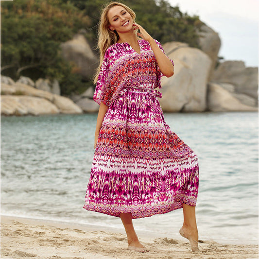 Ladies wrap dress with striking ethnic pattern and airy sleeves Ivyshape