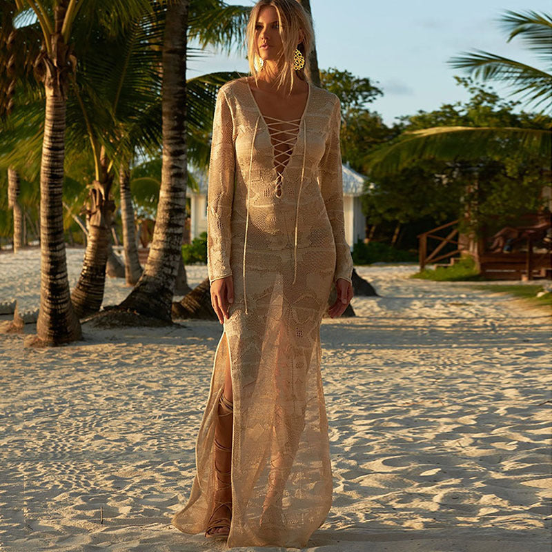 Women's elegant transparent beach cover-up with refined lacing details Ivyshape
