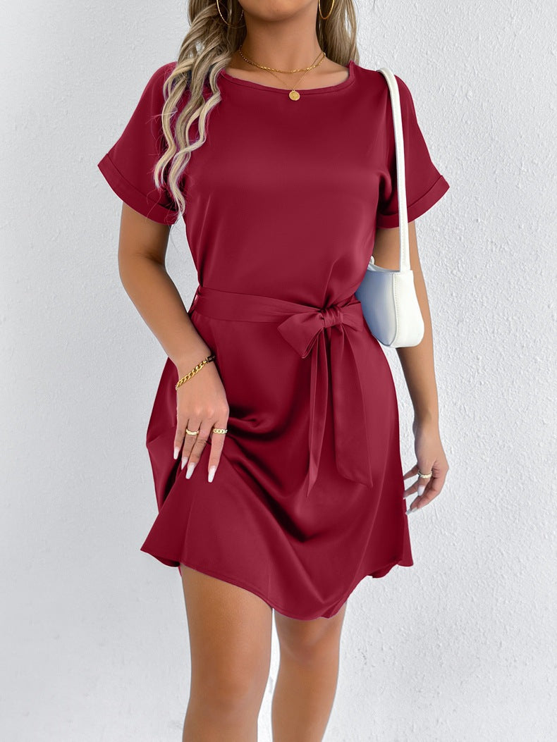 Women’s casual summer dress with fixed waist belt and short sleeve design Ivyshape