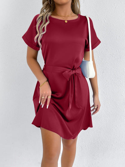 Women’s casual summer dress with fixed waist belt and short sleeve design Ivyshape