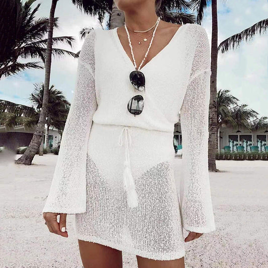 Ladies elegant beach dress with deep V-neck and long sleeves Ivyshape