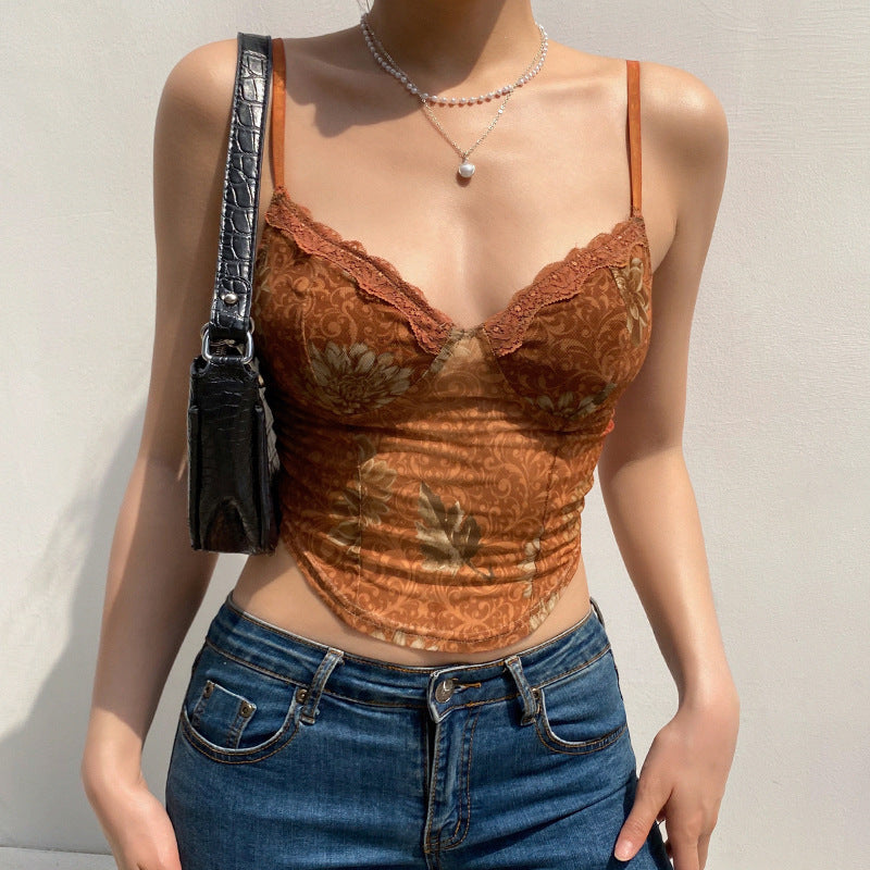 Women Lace Trim Floral Crop Top Ivyshape